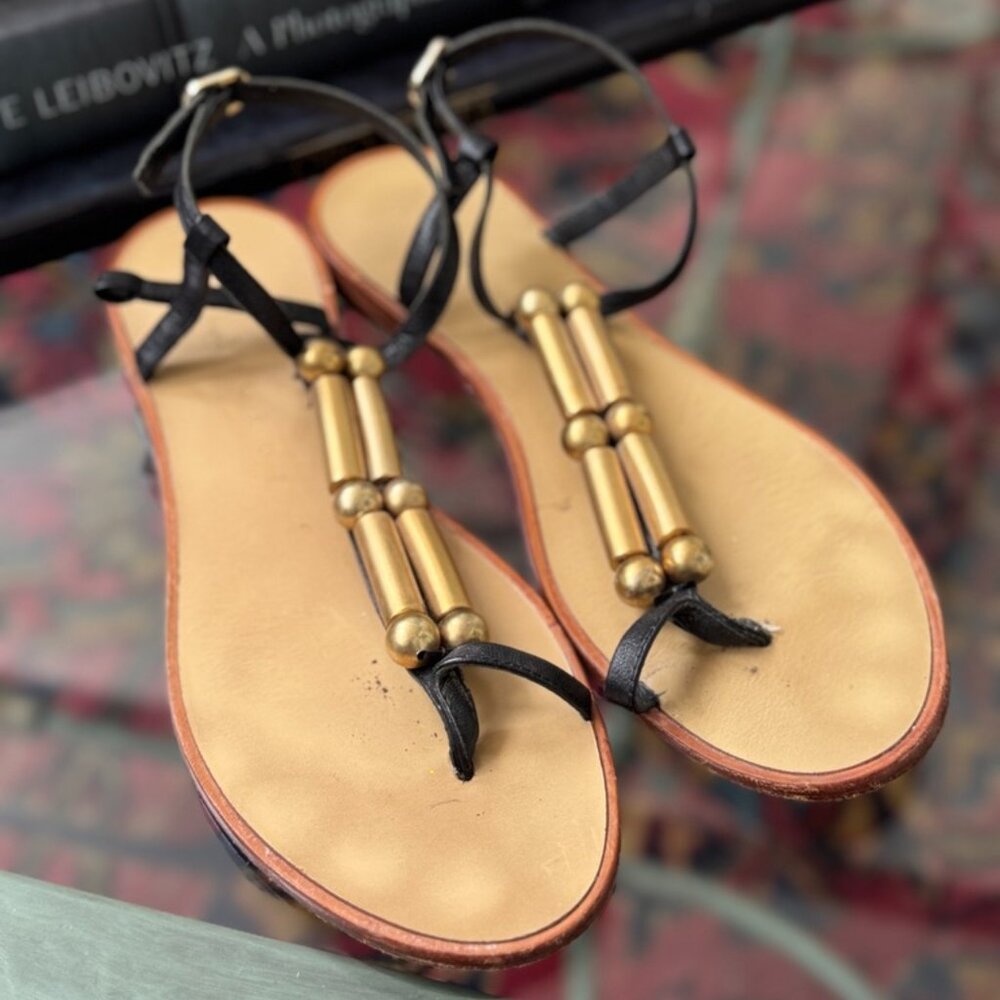 Lola Cruz Black Flat Sandals w Gold Cylinder & Ball HTF EU 37 US 6.5